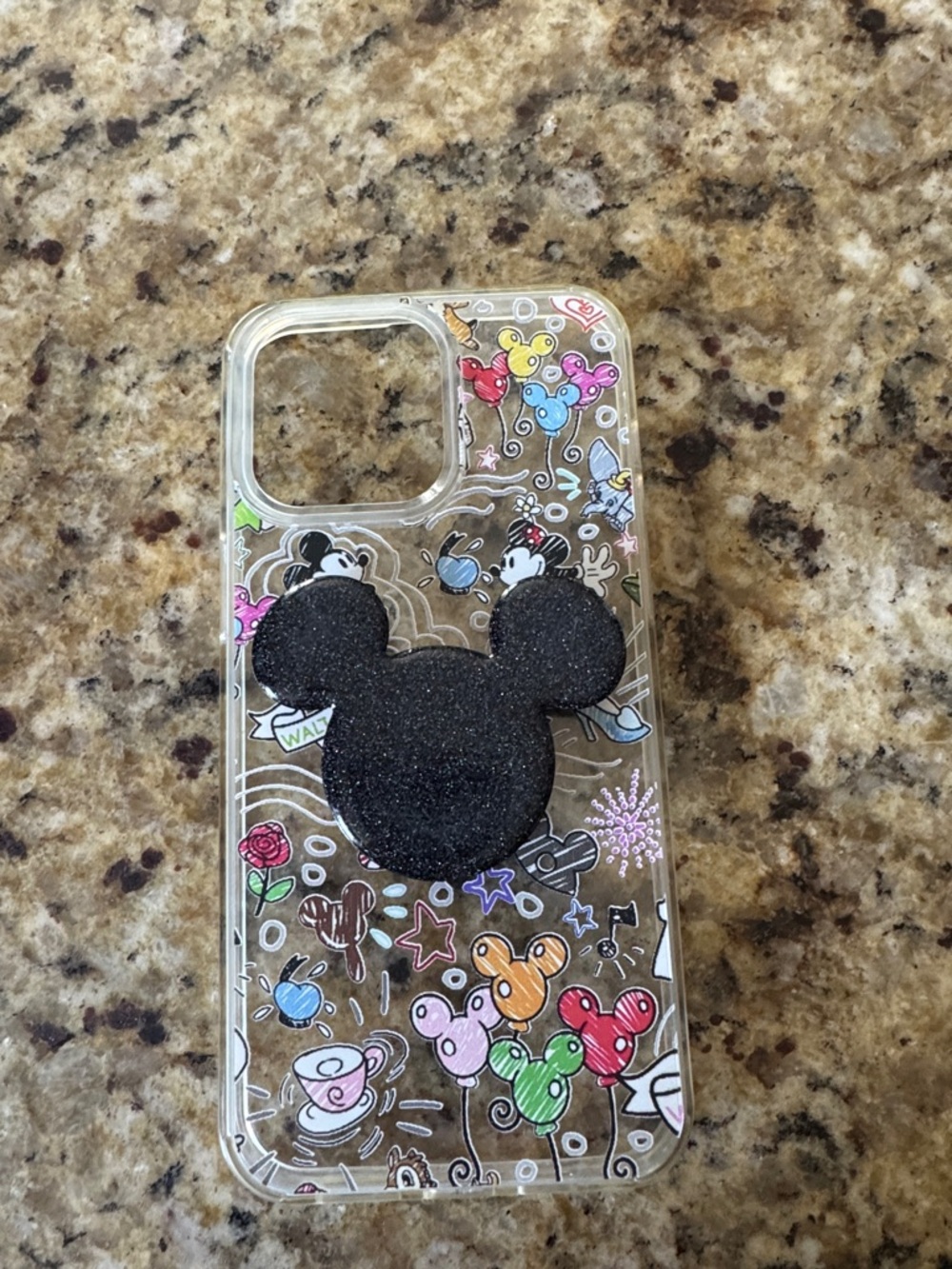 Clear Decorative Phone Case with Black Glitter Mickey Pop Grip IPhone Pro Max 15
